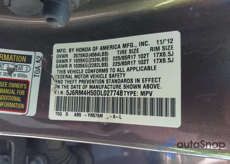 2013 Honda Cr-V Ex z USA, uszkodzony, nr VIN 5J6RM4H50DL027748